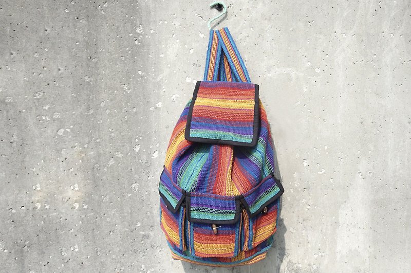Mexican style shoulder bag boho canvas bag Bohemia hand-woven feel after backpack-gradient line - กระเป๋าเป้สะพายหลัง - ผ้าฝ้าย/ผ้าลินิน หลากหลายสี