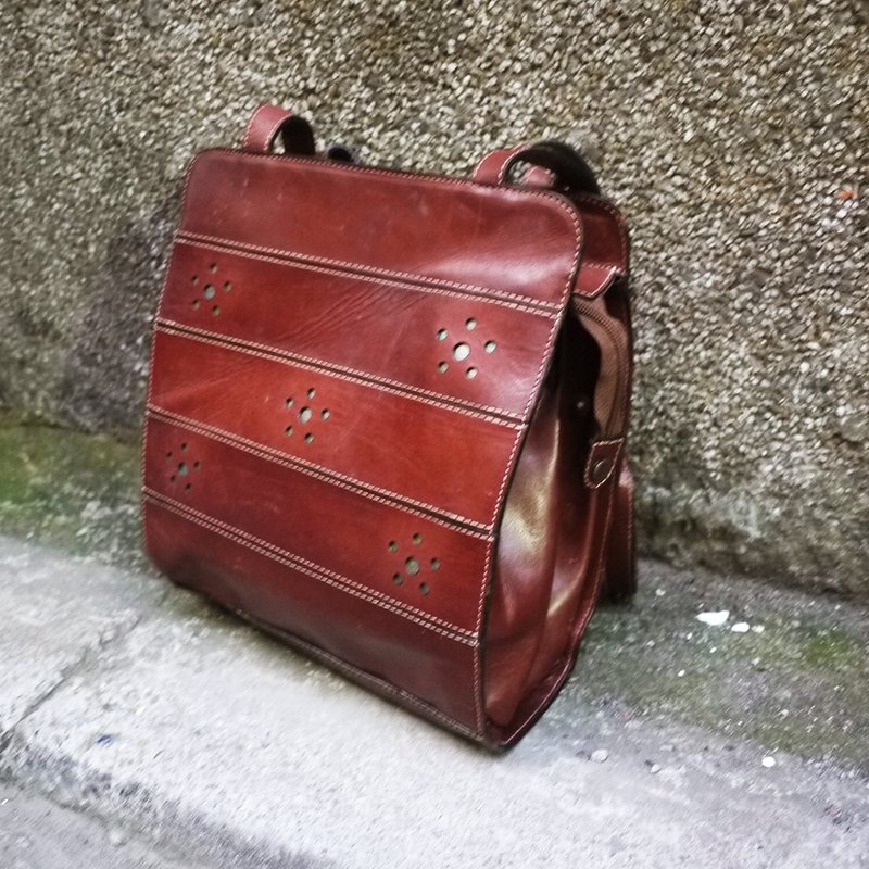 夕卡 Shika// Vintage Bag La jorta  經典植物鞣牛皮拼接古董側背包 - 側背包/斜背包 - 其他材質 咖啡色
