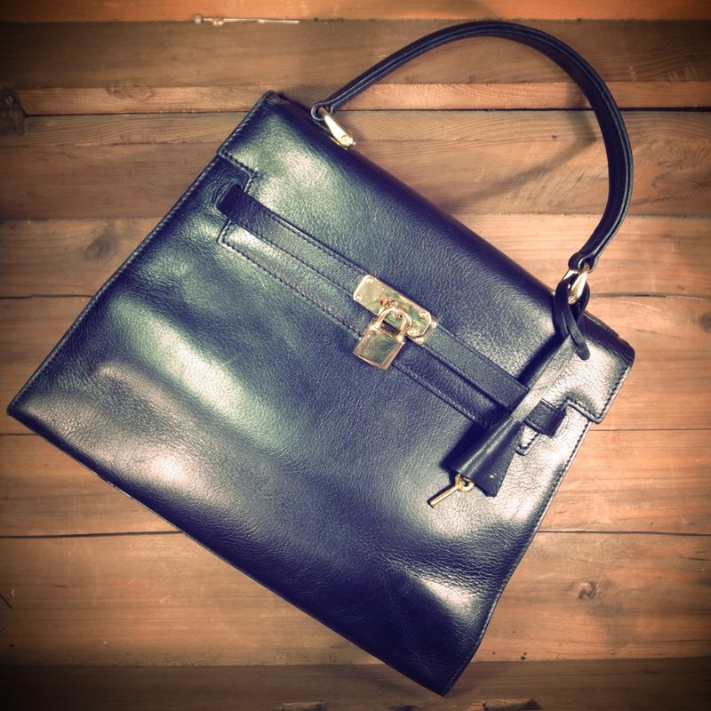 [ 老骨頭 ] 法國 POURCHET 黑色真皮 凱莉包 kelly bag 絕版真品 古董包 Vintage - Handbags & Totes - Genuine Leather Black