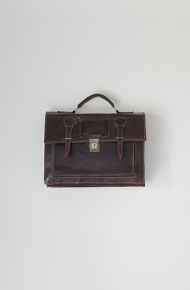 A ROOM MODEL - VINTAGE，BD-0358 深茶色牛皮縫白線手提書包 復古著下北澤 - Briefcases & Doctor Bags - Genuine Leather 