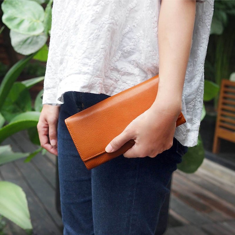 Japanese simple leather multi-layer wallet long clip Made in Japan by CLEDRAN - กระเป๋าสตางค์ - หนังแท้ สีแดง