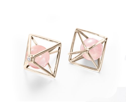 Majade Jewelry Design 粉晶鑽石耳環 14k黃金金字塔耳環 簡約韓風耳釘 守護石幾何耳環