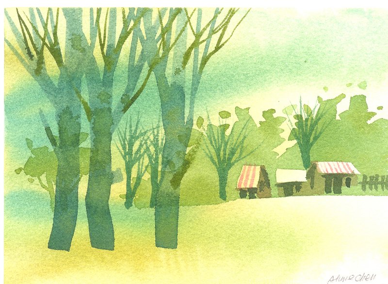 「ヒーリング部門の森シリーズ1-126」限定版手描きの水彩画ポストカード/グリーティングカード - カード・はがき - 紙 グリーン