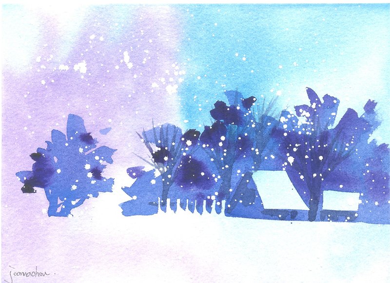 聖誕卡片「療癒系樹林系列1-98」水彩手繪限量版明信片/賀卡 - 心意卡/卡片 - 其他材質 藍色