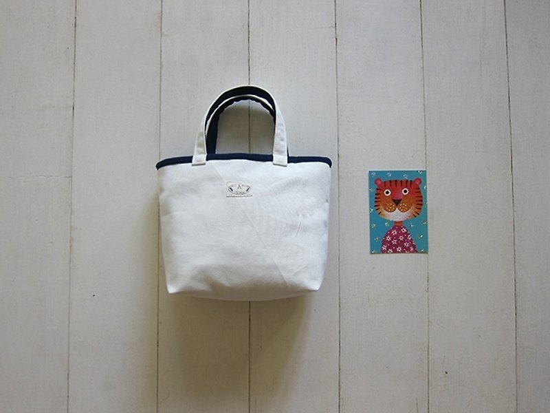 Macaron Series-Canvas Small Tote Bag White + Navy Blue (Zipper Opening Style) - Handbags & Totes - Other Materials Multicolor