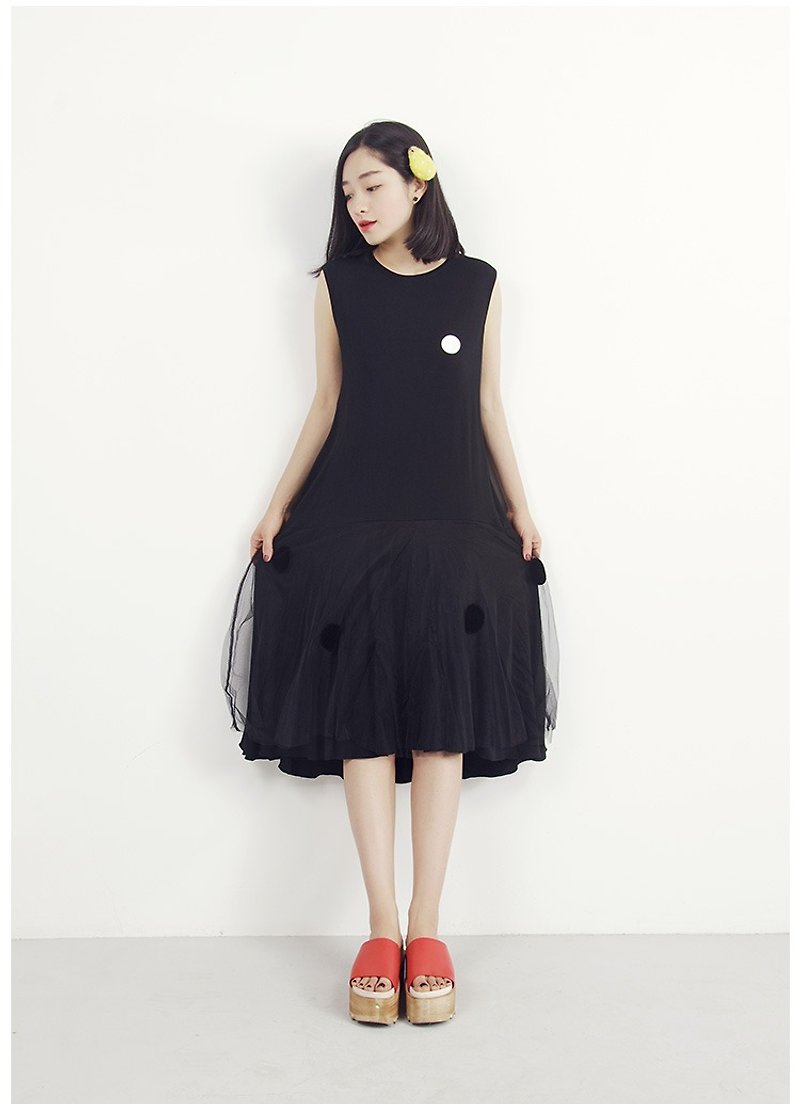 Dress in black and white dot cotton veil dress - imakokoni - One Piece Dresses - Cotton & Hemp Black