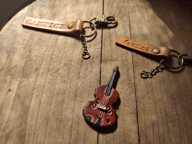 迷你可愛小提琴立體純牛皮鑰匙款- 可客製名字 兩組 - 鑰匙圈/鑰匙包 - 真皮 咖啡色