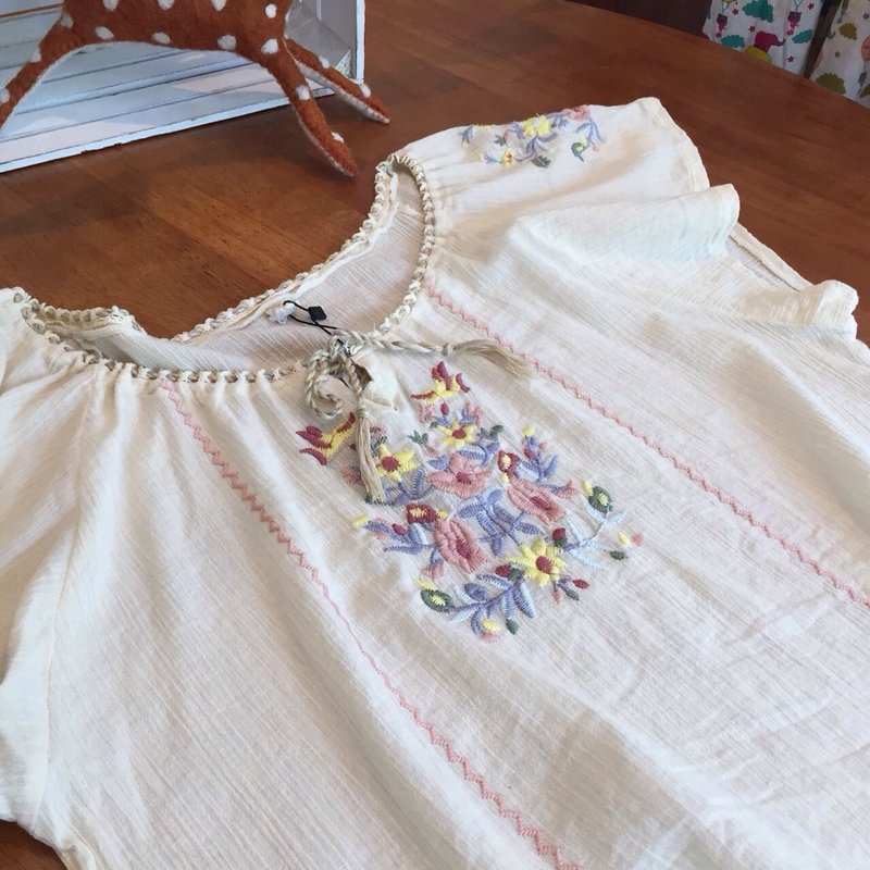 Purin select zakka color short blouse embroidered Indian cotton rope system (I150514) blue - Women's Tops - Cotton & Hemp White