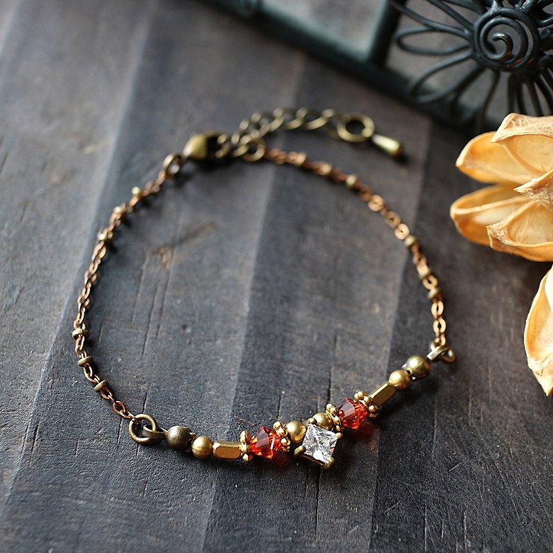 EF golden years NO.182 zircon crystal elegant wine red brass chain bracelet - Bracelets - Gemstone Red