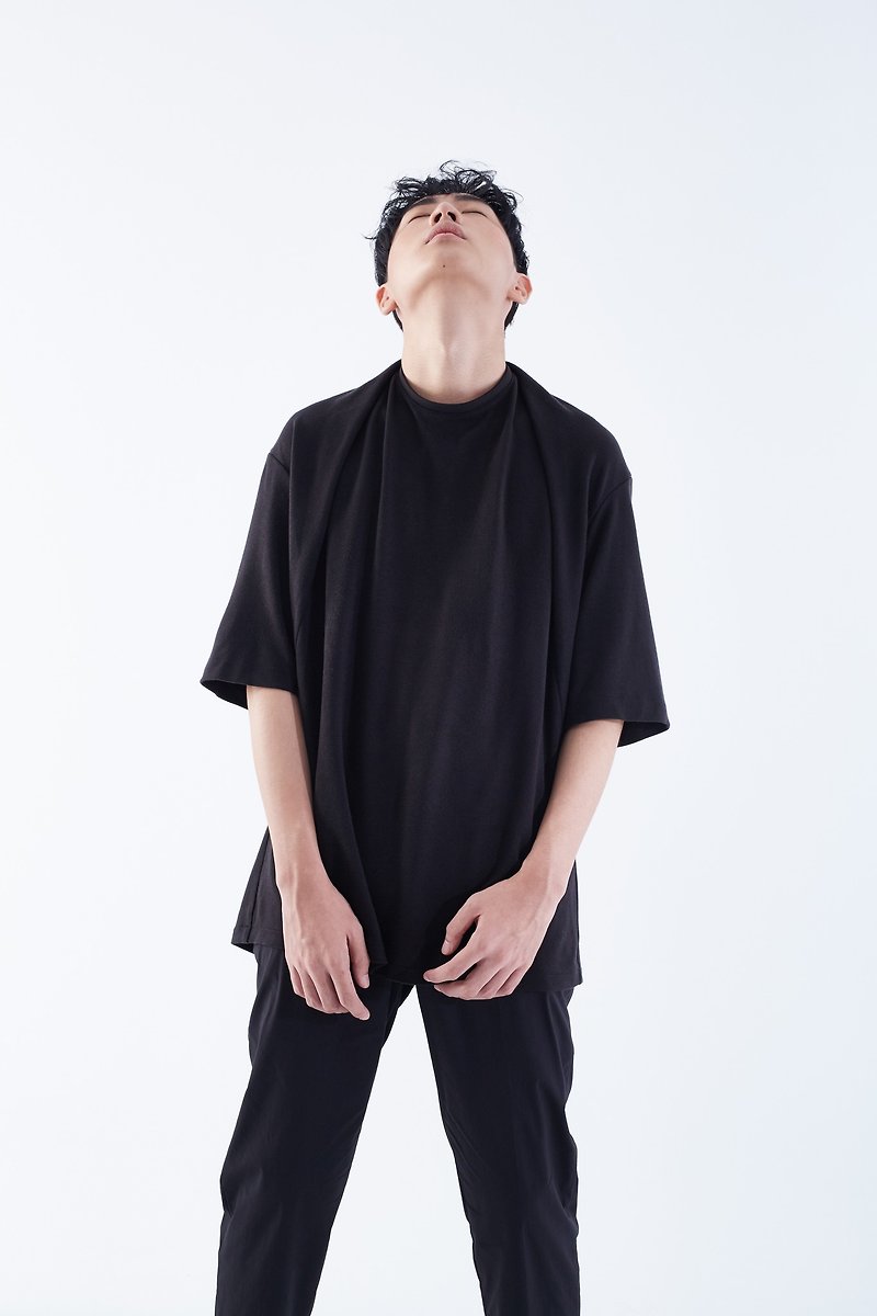 TRAN - Collar Folded Sleeve TEE - Men's T-Shirts & Tops - Polyester Black