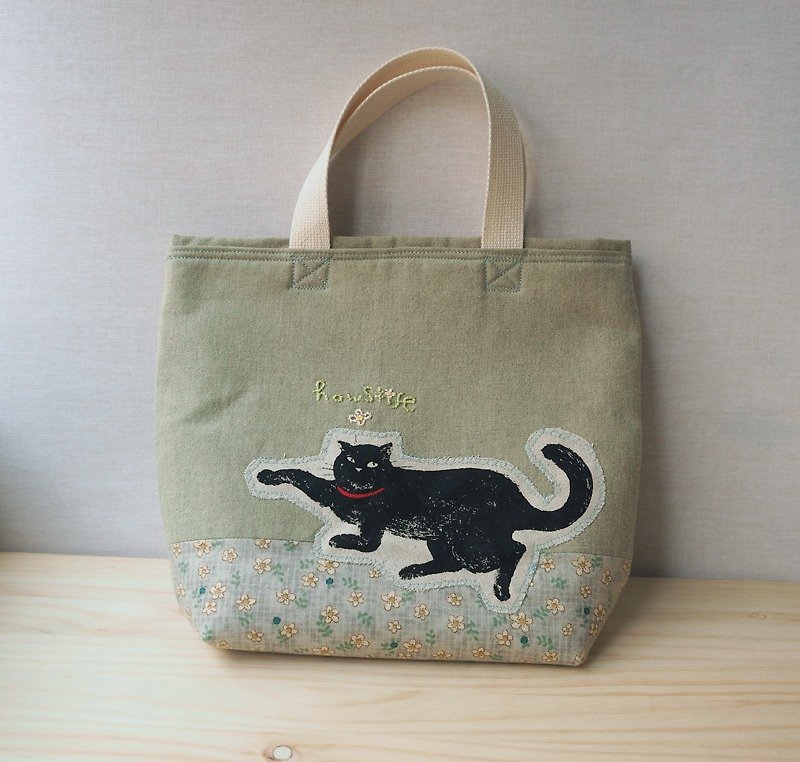 Howslife [Cat's Flowers] Appliqué Series ~ Mobile Shop Tote Bag ~ 喵呜~ to play - Handbags & Totes - Cotton & Hemp Green