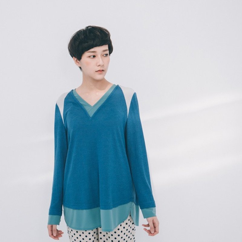 Xu Xu children ♪ Mori numerous different materials organic cotton stitching Long T-shirt - Blue - Women's Tops - Other Materials Blue