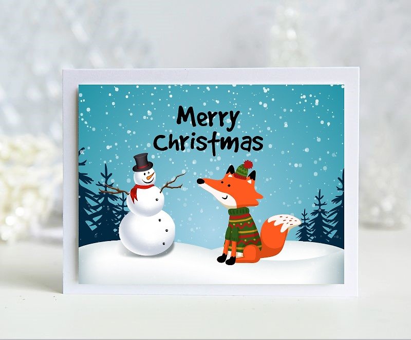 3 Merry Christmas Christmas card set / Happy Christmas snowman and fox / English handmade cards - Cards & Postcards - Paper Multicolor
