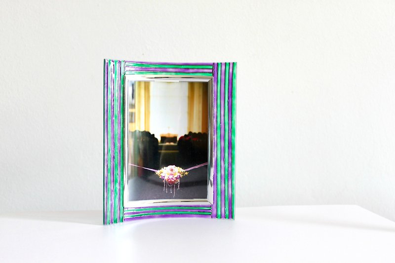 Mid Century Modern Purple Green Stripes Painted Glass Photo Frame - Picture Frames - Glass Purple