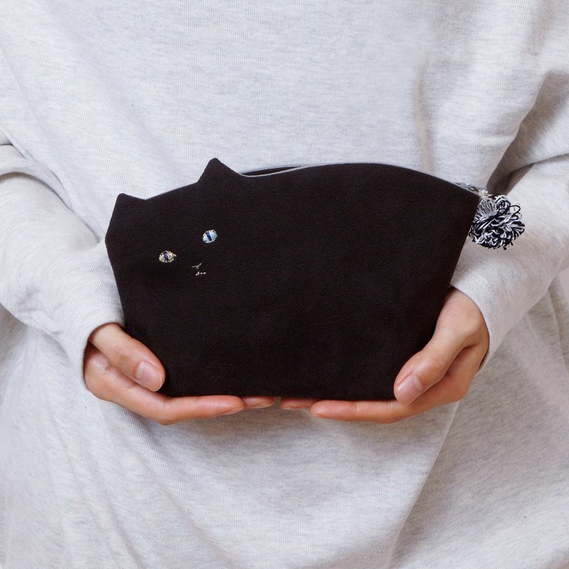 こねこポーチ002号black【受注生産】 - 化妝包/收納袋 - 繡線 黑色