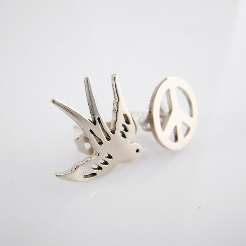 MAFIA JEWELRY Swallow and Peace sign studs earrings in white bronze handmade by hand sawing