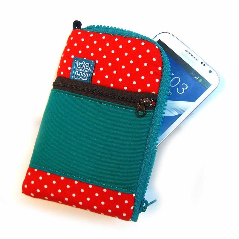 WaWu zipper phone bag plus models (red dots) - อื่นๆ - ผ้าฝ้าย/ผ้าลินิน สีแดง