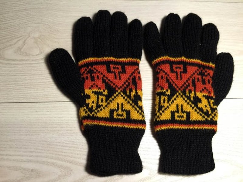 Super warm fingers increase long-sleeved thick alpaca gloves - Black Orange - ถุงมือ - วัสดุอื่นๆ สีดำ