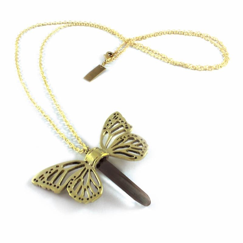 Brass Butterfly wing pendant with smoky raw quartz stone - 項鍊 - 其他金屬 