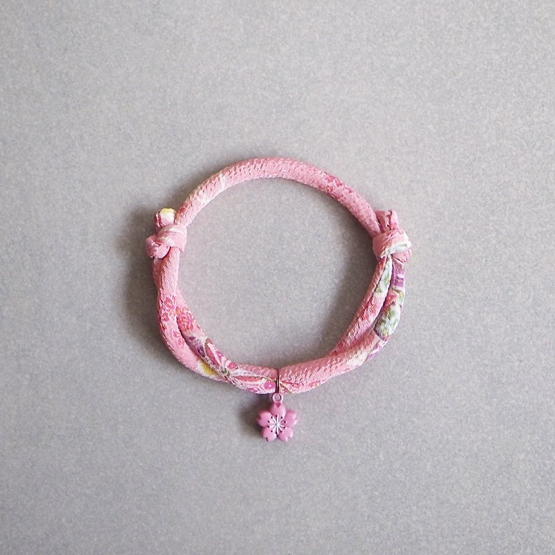 日本の犬と布の襟（調節可能） - ピンクのチェリー+ピンクのチェリーベル_S（襟の安全バックルの襟） - 首輪・リード - シルク・絹 ピンク