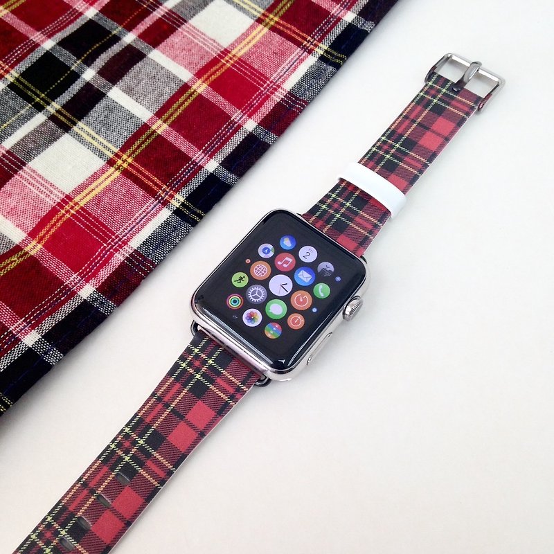 Tartan Red Pattern Printed on Leather watch band for Apple Watch Series 1 - 5 - สายนาฬิกา - หนังแท้ สีแดง