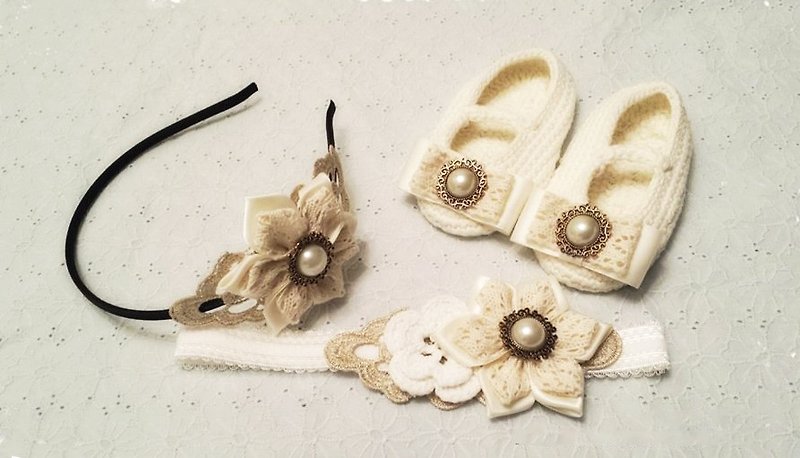 Elegant Handmade Elastic Headband and baby shoes set - Baby Gift Sets - Other Materials White