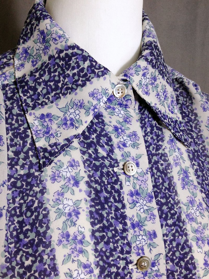 Ping-pong vintage [vintage shirt / Nippon deep violet geometric chiffon vintage shirt] abroad back to quality selection VINTAGE - เสื้อเชิ้ตผู้หญิง - วัสดุอื่นๆ สีม่วง