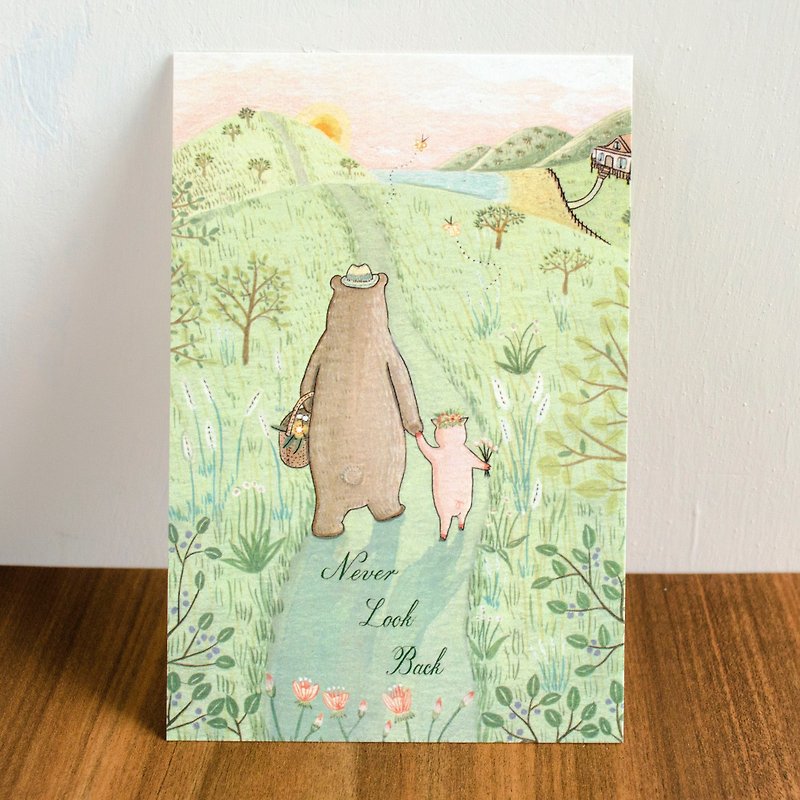 Watercolor illustration postcard－"Bear & Pig series"－Never Look Back - การ์ด/โปสการ์ด - กระดาษ 