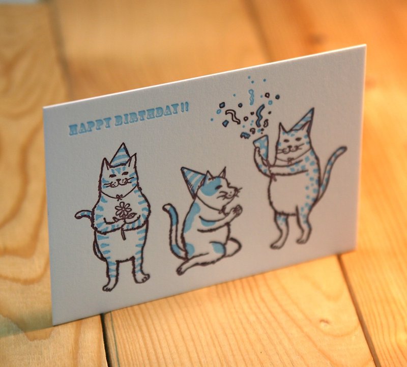 Letterpress greeting card cat Happy Birthday (Blue) 2 pieces set - การ์ด/โปสการ์ด - กระดาษ 
