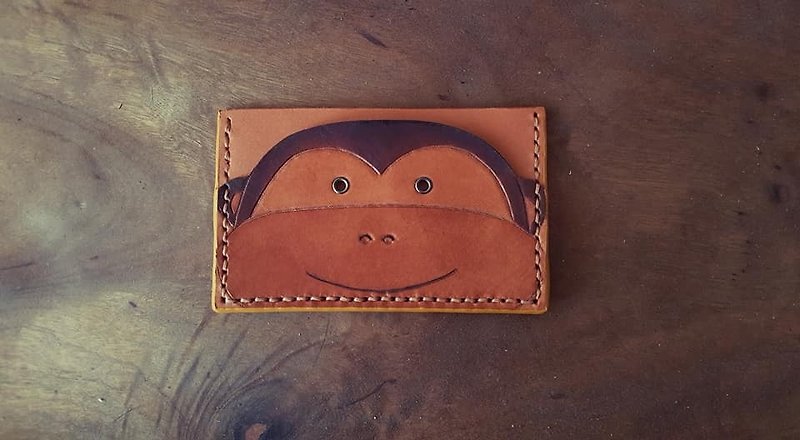 Q cute monkey retro yellow with pure leather business card holder - ที่ตั้งบัตร - หนังแท้ สีส้ม