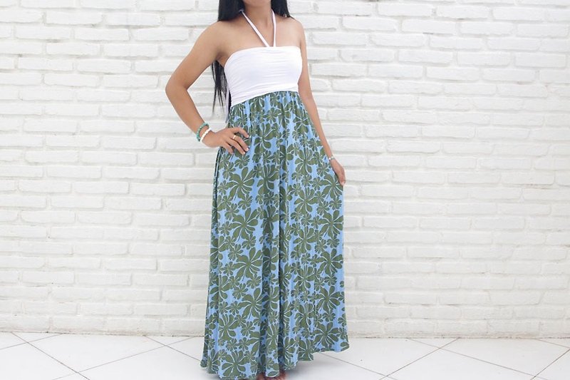 Tiare print tube top long dress <Blue> - Evening Dresses & Gowns - Other Materials Blue
