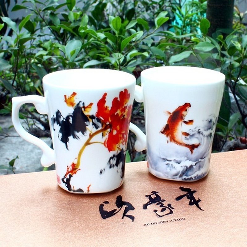 Double 囍 吉祥 auspicious ink master Ou Haonian - ink classic spring 鲤 鲤 雀 on the cup gift box group - แก้วมัค/แก้วกาแฟ - เครื่องลายคราม หลากหลายสี
