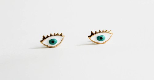 green eyes brass earrings