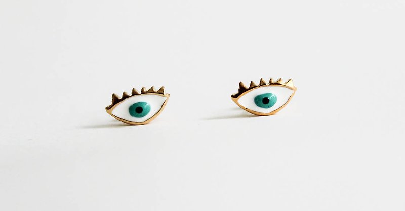 Green eyes brass earrings - Earrings & Clip-ons - Other Materials Green