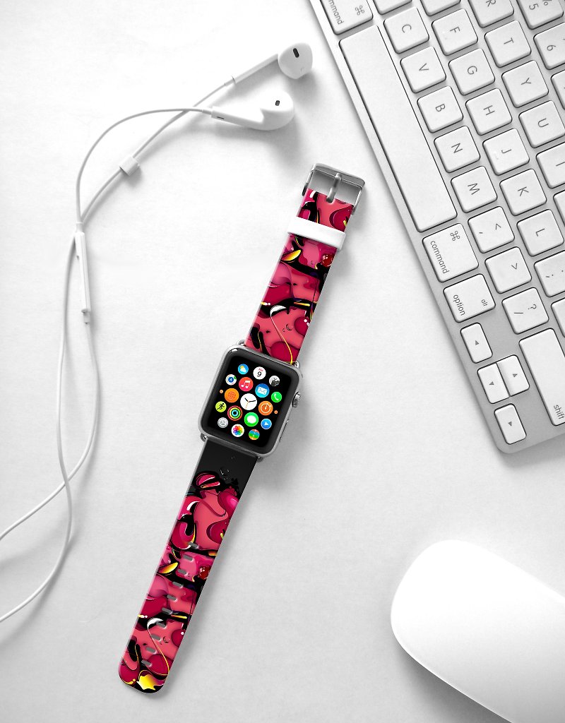 Apple Watch Series 1 , Series 2, Series 3 - Black Pink Graffiti Wall Watch Strap Band for Apple Watch / Apple Watch Sport - 38 mm / 42 mm avilable - สายนาฬิกา - หนังแท้ 