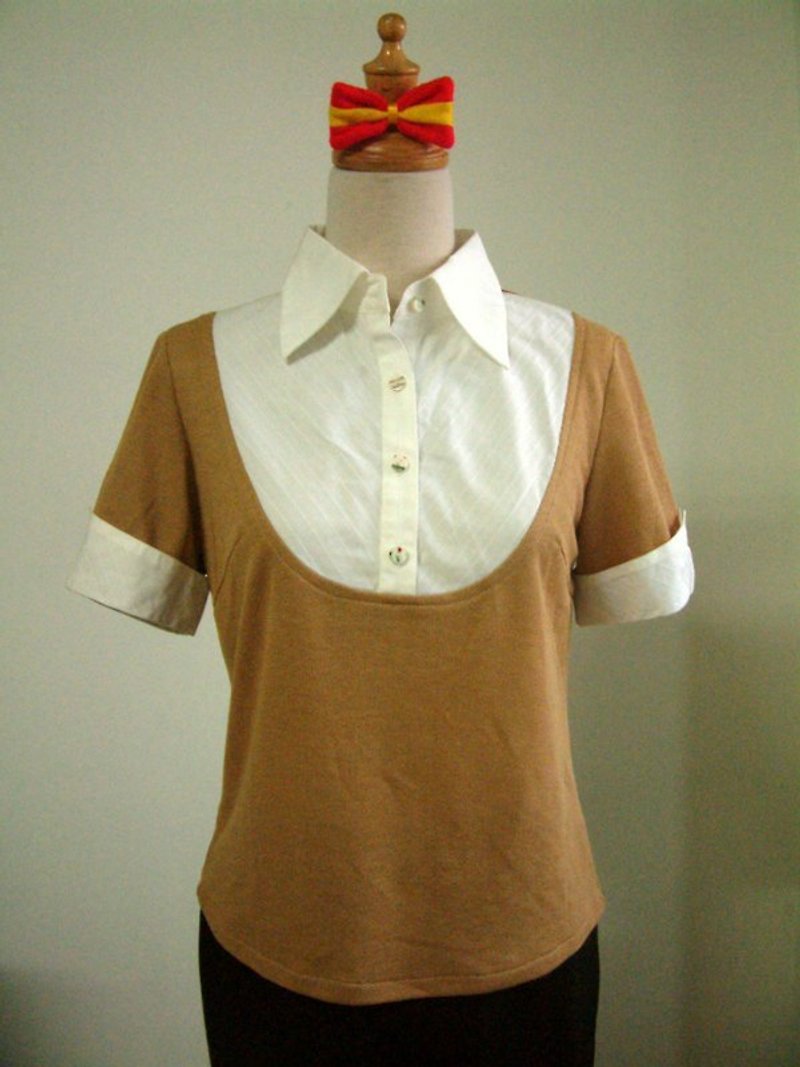 Knit splicing short-sleeved shirt (yellowish brown) - สเวตเตอร์ผู้หญิง - วัสดุอื่นๆ สีเหลือง