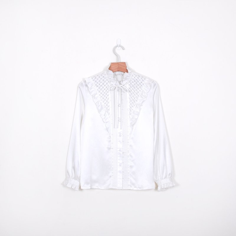 [Eggs] strap weaving plant vintage ancient flounced white shirt - Women's Shirts - Other Materials White
