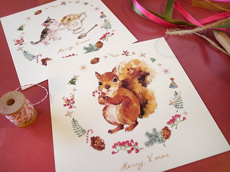 ☃ Christmas candy cane deck ☃ squirrel / cat pour coffee (large / small) into four combinations - การ์ด/โปสการ์ด - วัสดุอื่นๆ สีเขียว