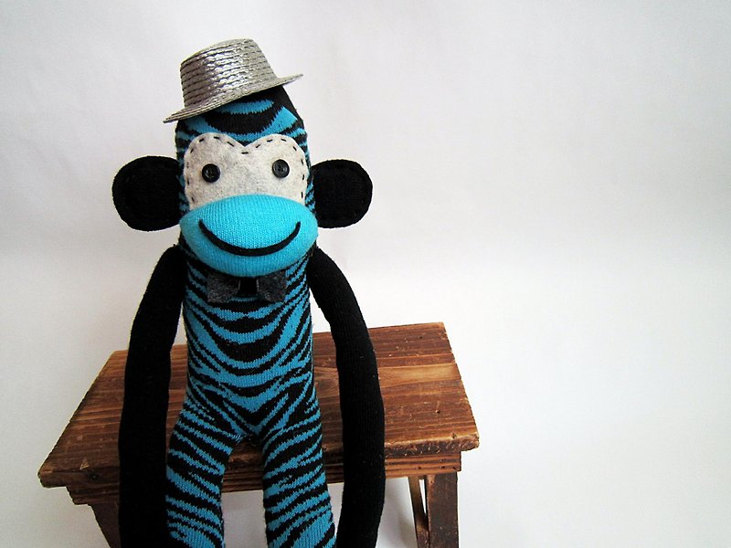 紳仕斑馬紋襪子猴 - 公仔模型 - 棉．麻 藍色