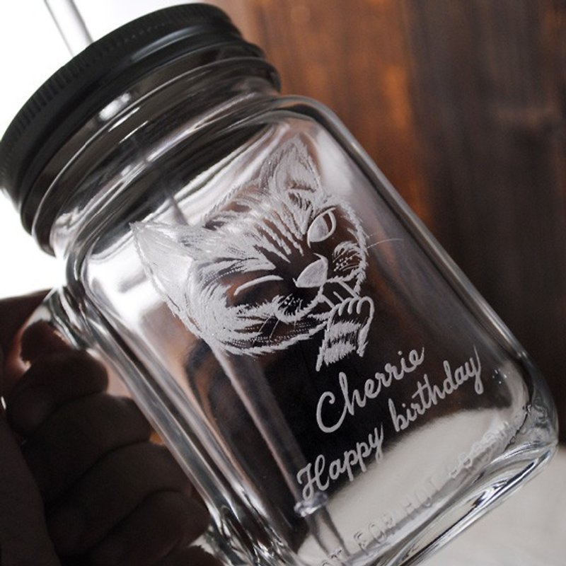 500cc [MSA Q version cat pet cup] Re-engraved glass jar beverage mug (free glass environmental protection straw) cat - Mugs - Glass Black