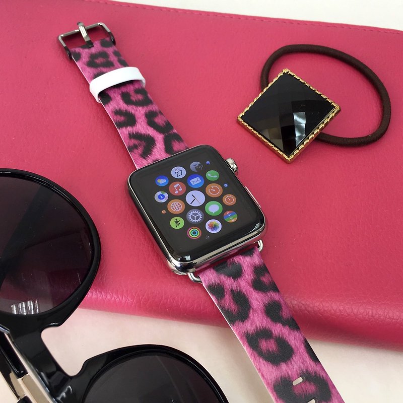 Leopard Hot Pink Printed on Genuine Leather for Apple Watch band 38 40 42 44 mm - สายนาฬิกา - หนังแท้ สึชมพู