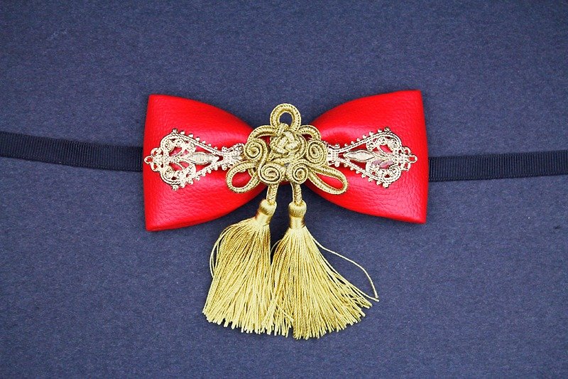 JIOU, Bow tie, limited handmade bow tie, Taiwan original design, artist wear, stylist accessories, wedding accessories, pet bow tie - เนคไท/ที่หนีบเนคไท - หนังแท้ สีแดง