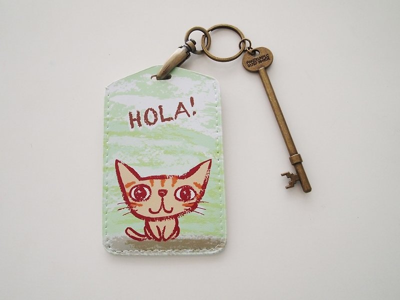 Multi-function card holder key ring-Hola! Little yellow cat - ที่ใส่บัตรคล้องคอ - หนังแท้ 