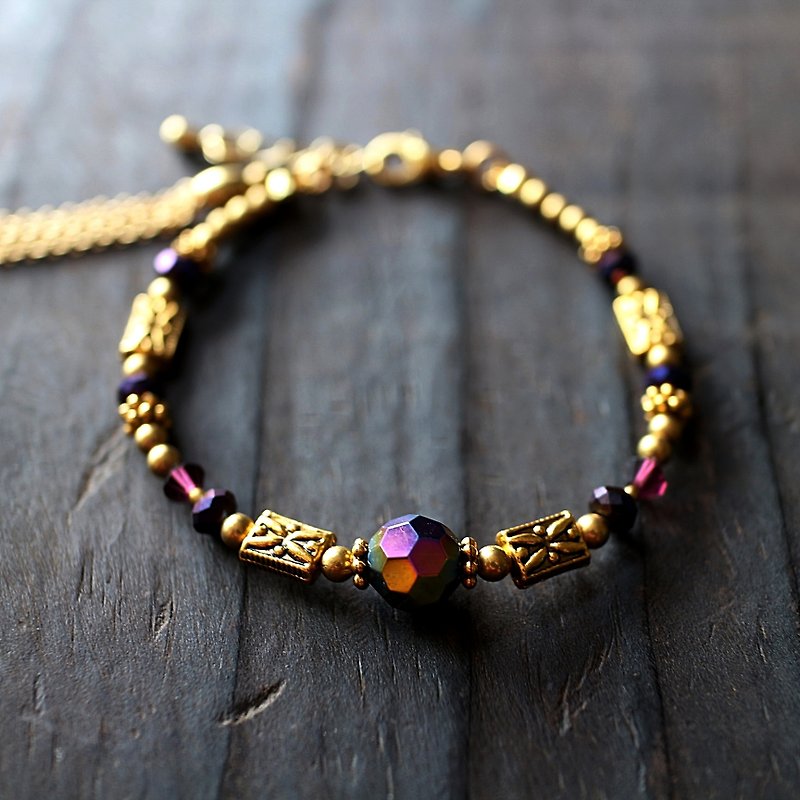 EF series NO.3 purple retro palace carved brass bracelet colorful glass - สร้อยข้อมือ - วัสดุอื่นๆ สีม่วง