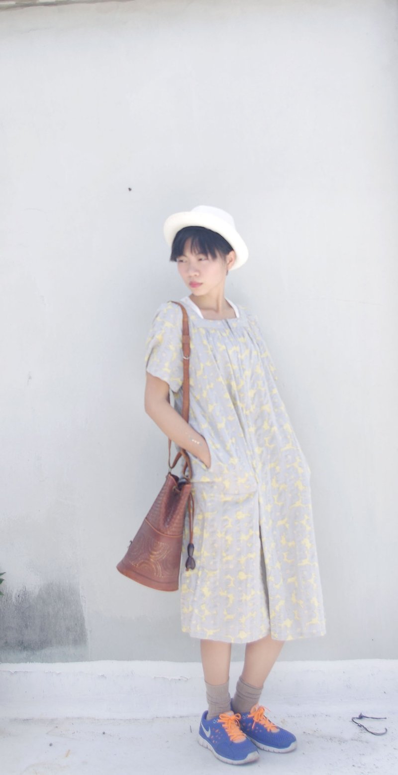 4.5studio- Japan Kanghui Shimokitazawa vintage - hit color printing ㄩ gray collar Long dress - One Piece Dresses - Other Materials Gray