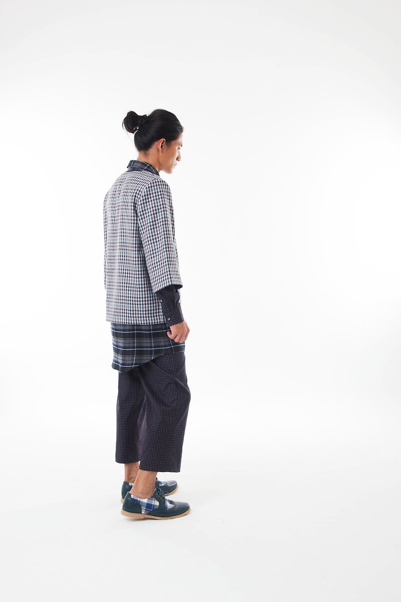 Sevenfold-Bicolor plaid stitching pant (dark blue) - กางเกงขายาว - อะคริลิค 