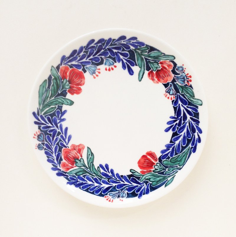 Hand-painted plate 7-inch cake pan - navy blue wreath - จานเล็ก - เครื่องลายคราม สีน้ำเงิน