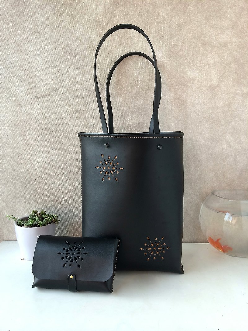 Zemoneni leather tote pattern hand bag in Balck color with coin bag 2 in 1 - Clutch Bags - Other Materials Black