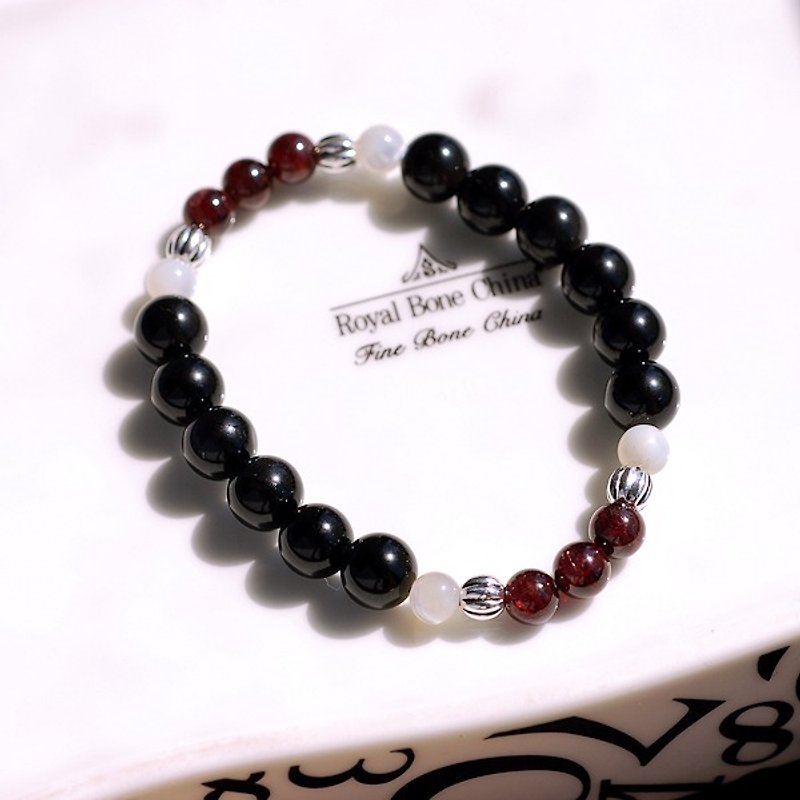 Obsidian*Red Pomegranate*White Butterfly Shell Sterling Silver Bracelet - Bracelets - Gemstone Black