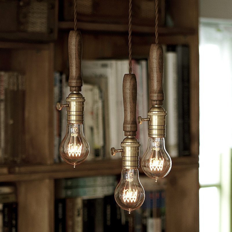 復古手柄鎢絲吊燈(含愛迪生燈泡) - 燈具/燈飾 - 木頭 咖啡色